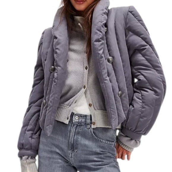 Free People Office Duvet Quilted Puffer Tie Waist Jacket, grey,cropped, NWT - Picture 10 of 10